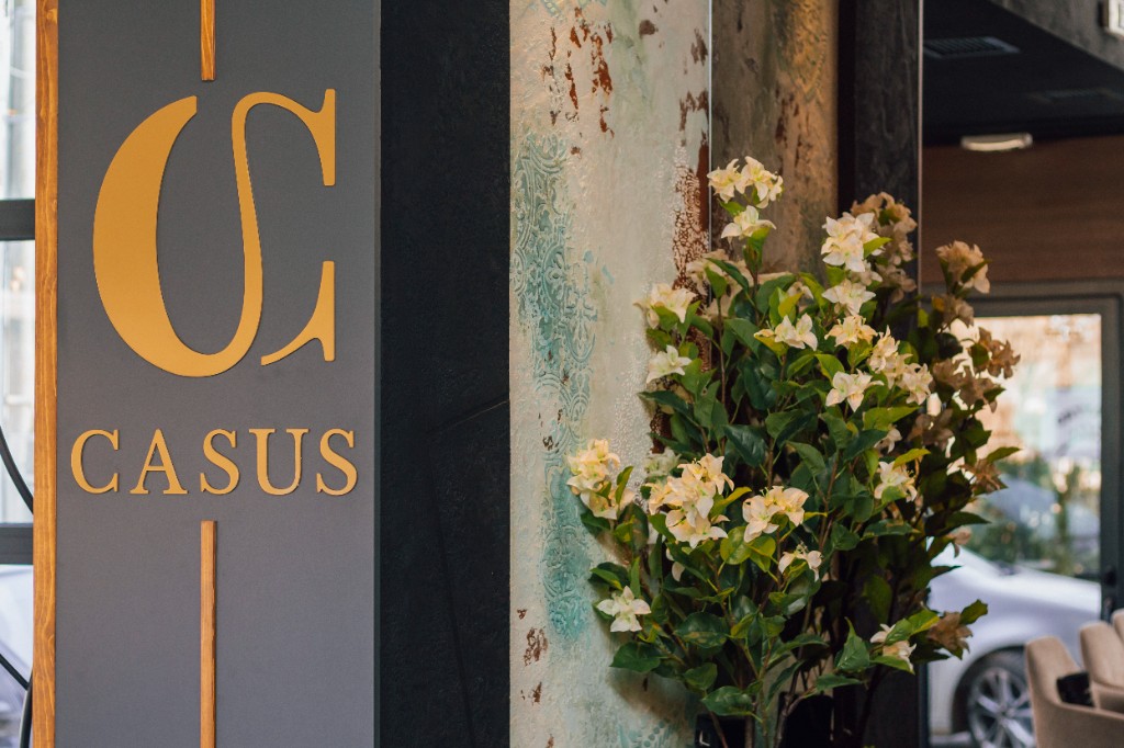 Brand panel Casus sa zlatnim logom, teksturiranim zidom i cvetajućom biljkom.